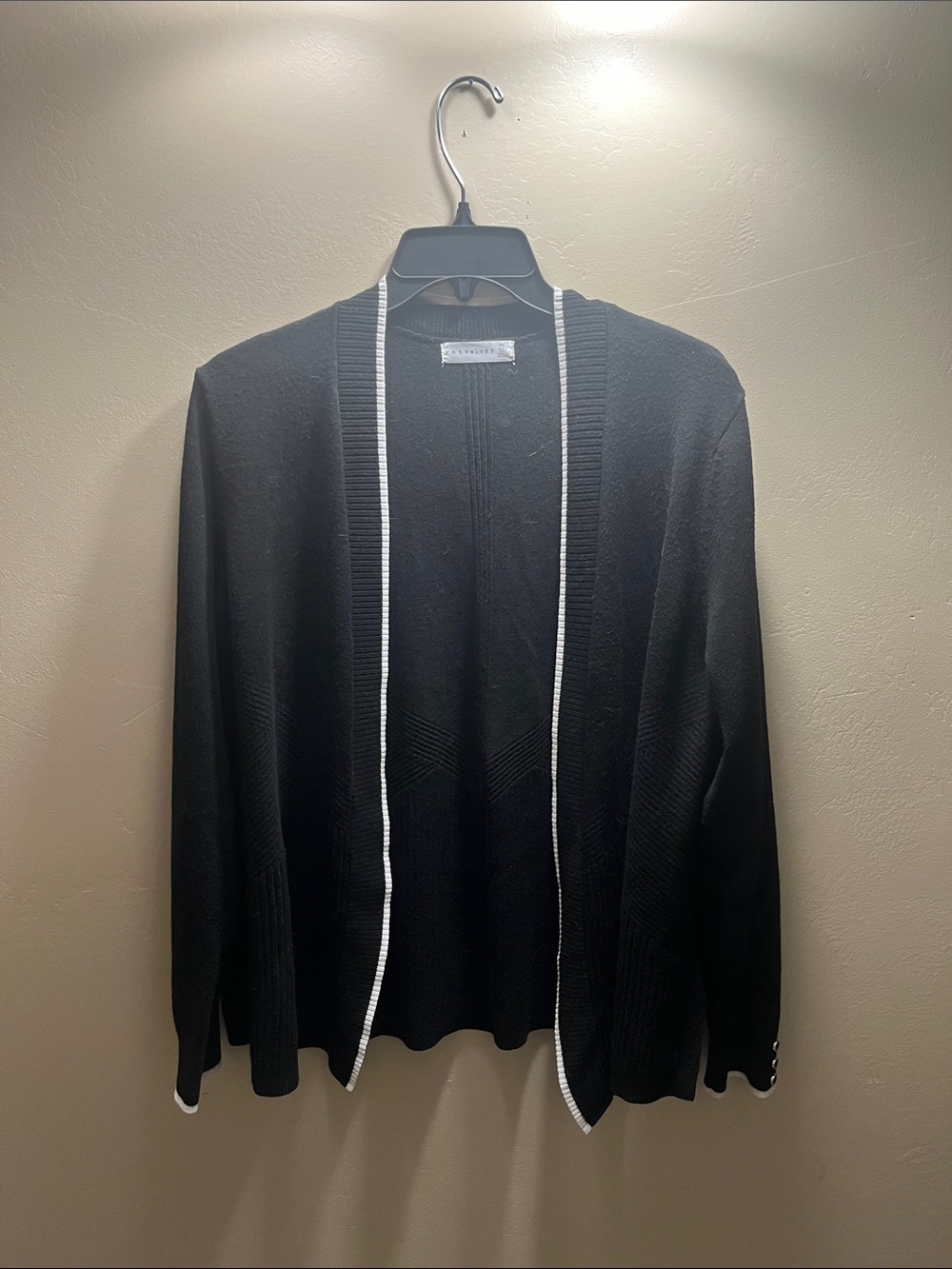 Black Open-Front Women's Cardigan with White Trim